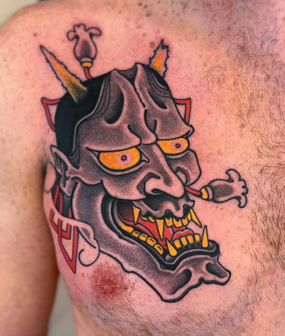 Japansk hanya maske tatovering utført hos Timeless Tattoo Oslo