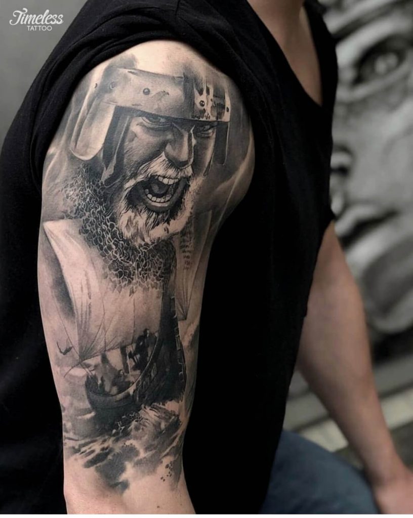 Viking ship and warrior tattoo by Biex